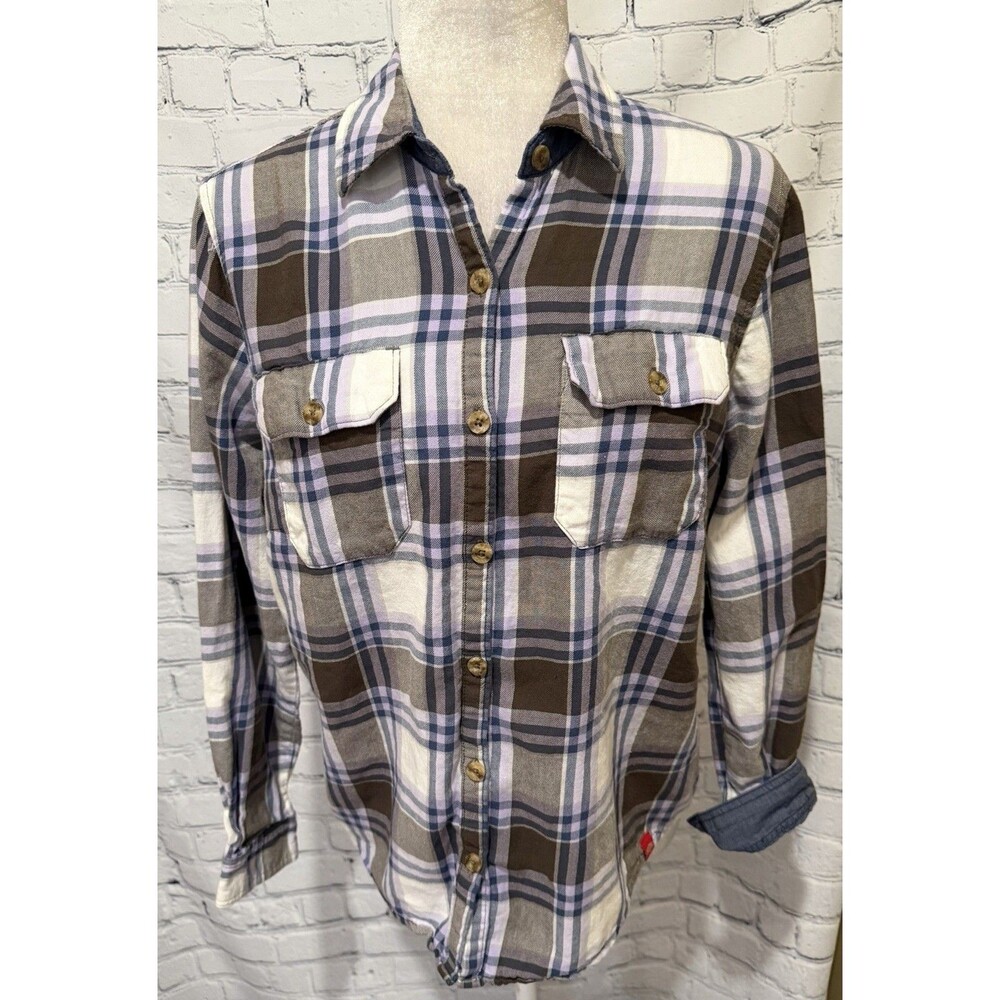 Dickies Women's Long Sleeve Purple Gray Plaid Flannel Coton Shirt Small